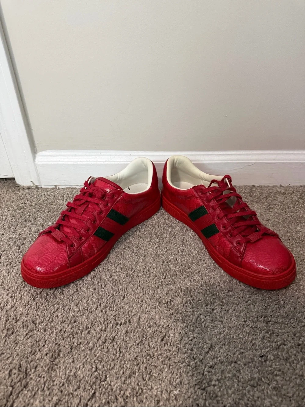 Gucci Red Leather Sneakers with Green Web Detail